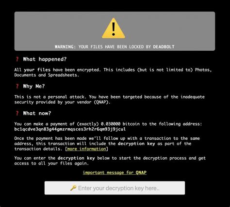 The DeadBolt ransomware organization is encrypting QNAP NAS systems all around the globe, claiming that they are exploiting a zero-day vulnerability in the device&x27;s firmware to do so. . Qnap ransomware deadbolt fix